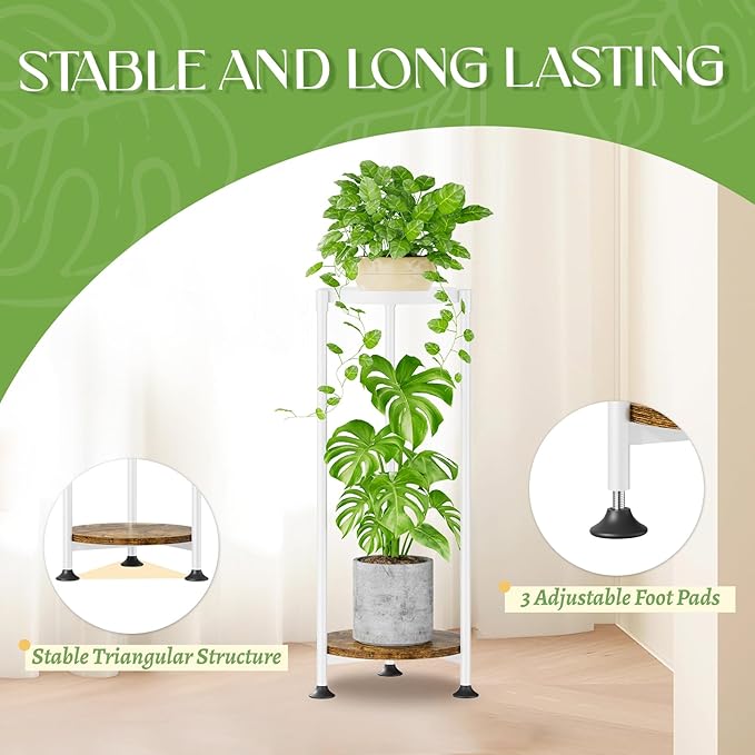 iDavosic.ly 2 Tier Corner Plant Stand Indoor, 30 Inch Tall Vertical Metal Flower Heavy Duty Pot Holder Shelf Outdoor for Patio Porch Living Room, White & Rustic Brown - Round