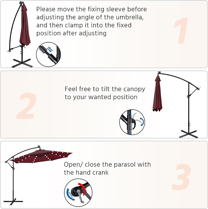 Yaheetech 10FT Solar Offset Umbrella with 32 LED Lights Cantilever Hanging Outdoor Umbrellas Handy Crank & Cross Base for Lawn/Deck/Backyard/Pool Burgundy