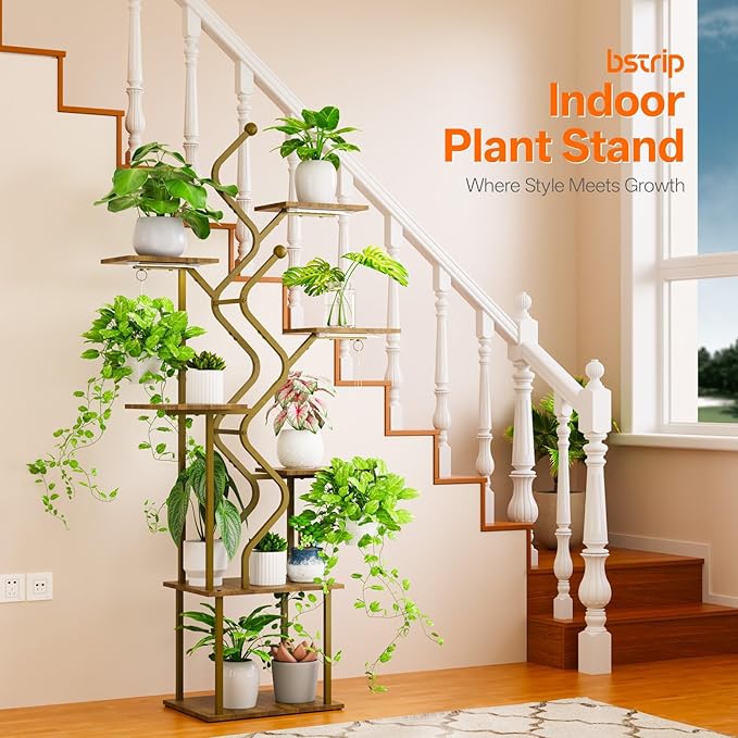 Bstrip 63 Inch Plant Stand with Grow Light, 7-Tier Indoor Plant Shelf with Hanging Hooks, Decor Corner Plant Stand for Living Room & Patio, Gold