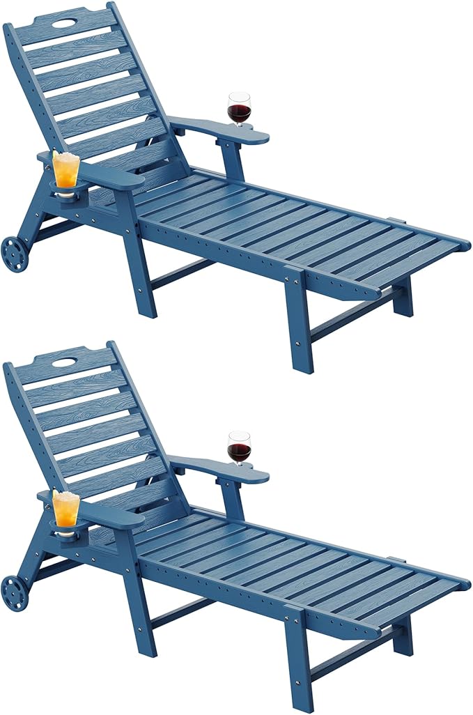 Carauci Lounge Chair Outdoor Set of 2, HDPE Chaise Lounge with Wheels, 5-Position Adjustable Backrest & 2 Cup Holders Patio Lounge Chair, All-Weather Pool Sun Lounger for Poolside, Backyard, Blue