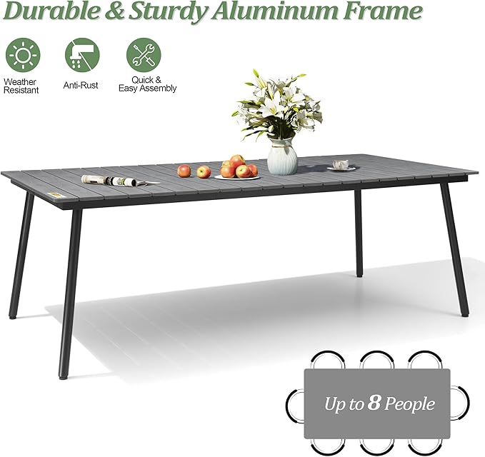 83" Patio Outdoor Dining Table for 6-8, Weather-Resistant Aluminum Frame with Wood-Grain Top & Umbrella Hole for Deck Gatherings, Grey