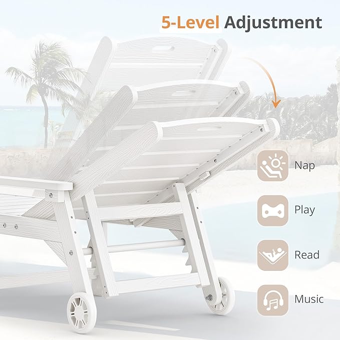 LUE BONA Chaise Lounge Chair with Table, 3-Piece, HDPS Chaise Lounger, 5 Positions Adjustable Lounge Chairs, Pool Lounge Chair with Wheels for Poolside, Backyard, White