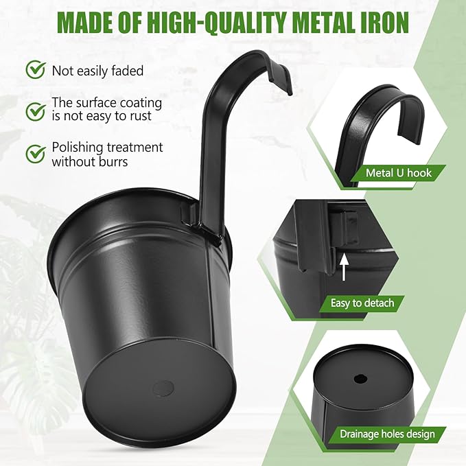 OBTANIM 12 Pack Metal Hanging Flower Pots Railing Planter Outdoor Fence Hanging Bucket Plant Holder with Detachable Hooks Drain Holes for Home Garden Yard Decor (Black, 4 x 4 Inch)