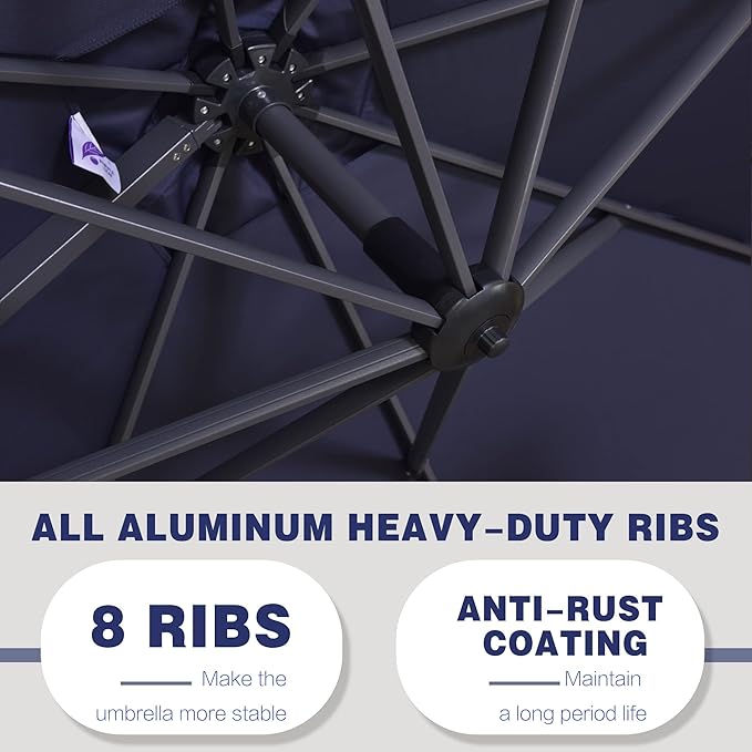 PURPLE LEAF 9' X 11.5' Cantilever Outdoor Rectangle Umbrella Patio Umbrella with Base Offset Umbrella with 360-degree Rotation for Garden Pool Deck Patio Navy Blue