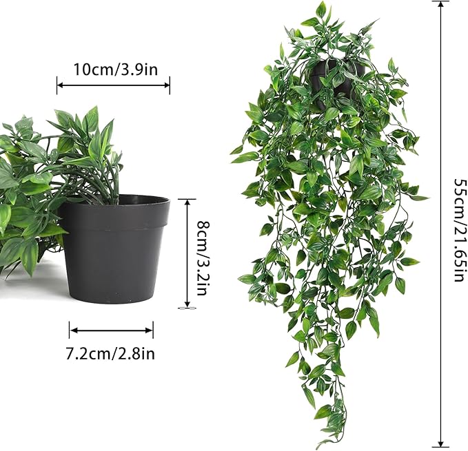 Whonline 2pcs Fake Hanging Plants, Artificial Potted Plants for Indoor Outdoor Aesthetic Office Living Room Shelf Decor