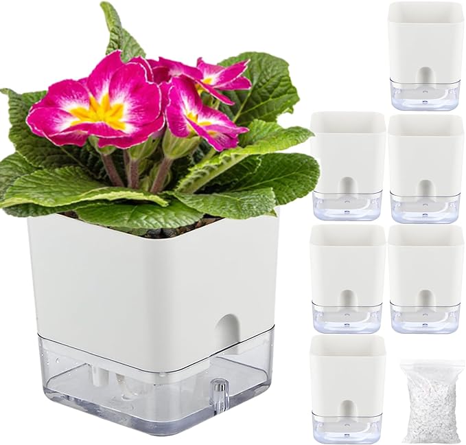 Planterhoma Self Watering Plant Pots for Indoor Plants 4.3 inch, 6 Packs Square Self-Watering Planters with Drainage Hole, White African Violet Pots for Devil's Ivy, Spider Plant, Orchid, Herb