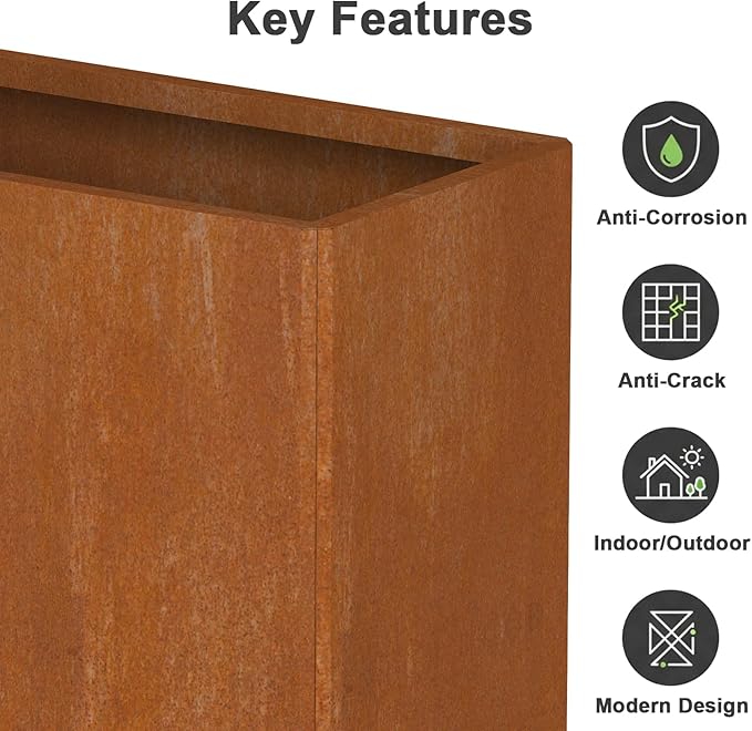 Corten Steel Planters - 24X12X24 inch Removable Insert Shelf for Garden Patio