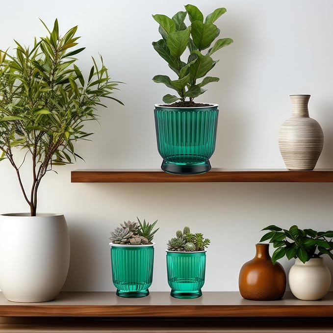 Set of 6 Self Watering Plant Pot 3 Sizes Plastic Double Layer Self Watering Flower Pot with Multi Mesh Drainage Holes Wicking Reservoir for Indoor Outdoor Garden Plants(Green)