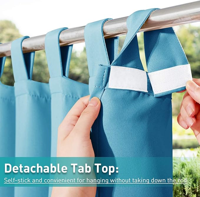 NICETOWN Outdoor Curtain for Patio Waterproof, Thermal Insulated Detachable Sticky Tab Top Room Darkening Great Vertical Drape Outdoor Divider for Pergola, 1 Pack, W52 x L108, Teal Blue
