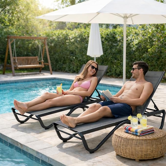 Kozyard Outdoor Chaise Lounge Chair, Full Flat Adjustable Patio Lounger with Aluminum Frame & Resin Legs, Textilene Fabric for Poolside, Backyard & Beach (Gray, 2Chairs)