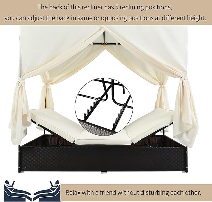 Patio Chaise Lounge, PE Rattan Outdoor Patio Wicker Sunbed Daybed with Adjustable Seats, Four-sided Canopy, Overhead Curtain and Beige Cushions for Backyard, Garden, Poolside (for 2-6 people)