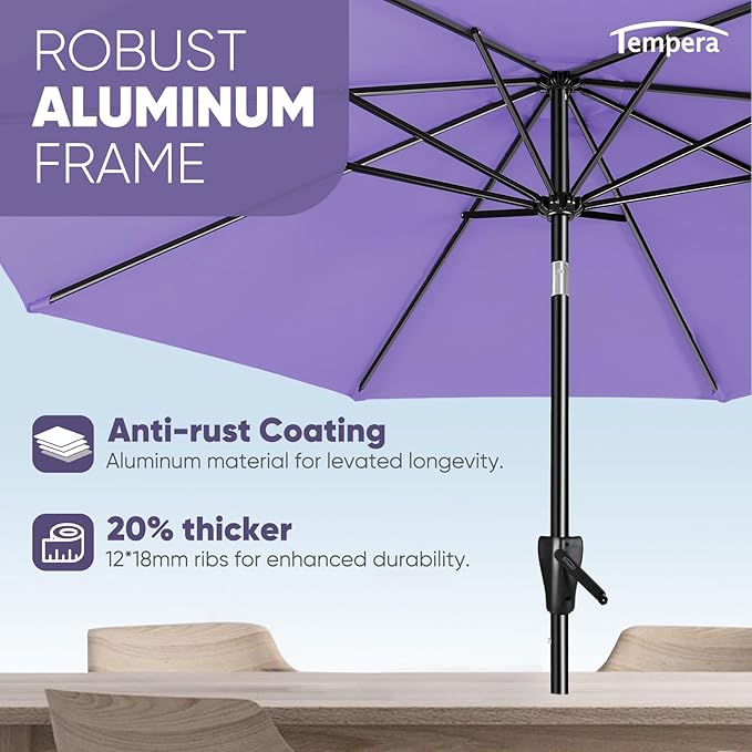 Tempera Patio Market Outdoor Table Umbrella with Auto Tilt and Crank, Large Sun Umbrella with Sturdy Pole & Fade Resistant Canopy, Easy to Set