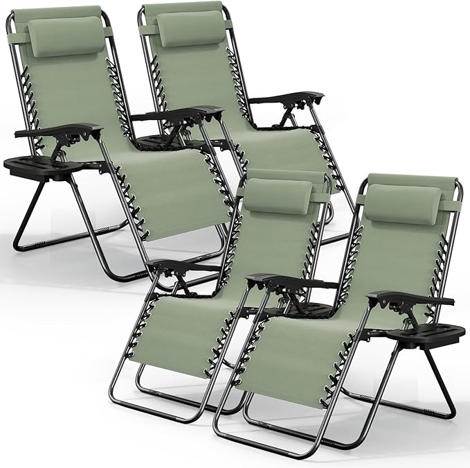 Nestl Zero Gravity Chairs Set of 4, Patio Lounge Chair Outdoor with Pillows & Cup Holder Trays, Adjustable Steel Mesh Reclining Camping Chair, Folding Patio Lawn Chair for Deck, Beach - Sage Green