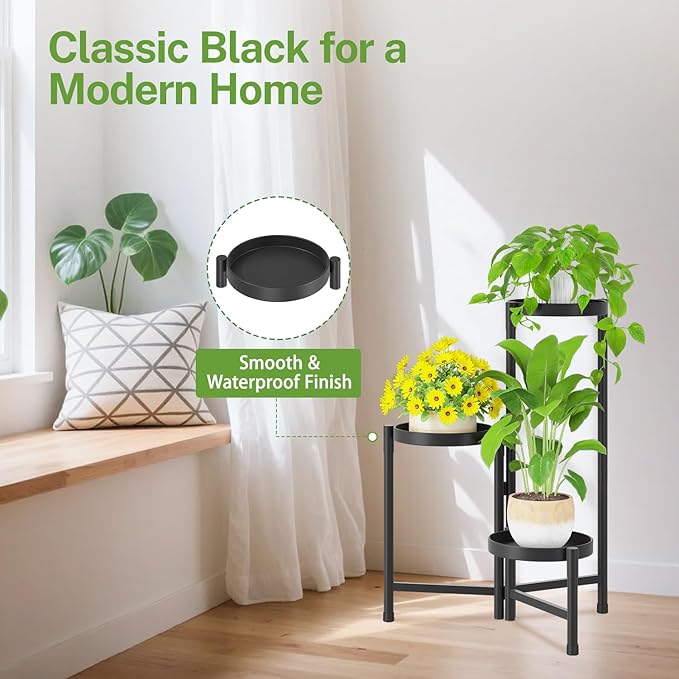 iDavosic.ly Plant Stand Indoor Outdoor, 3 Tier Corner Metal Flower Display Holder Shelf, Easy Assembly Folding Tall Orchid Rack for Patio Balcony Porch Garden Living Room House, Black