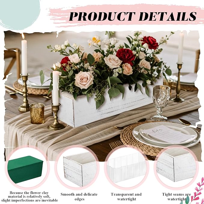 Dandat 10 Set Rectangle Wooden Planter Wood Boxes for Centerpieces Rustic Wooden Planters with Removable Plastic Liner Floral Foam Blocks for Wedding Table Bookshelf (12 x 4 Inch,White)
