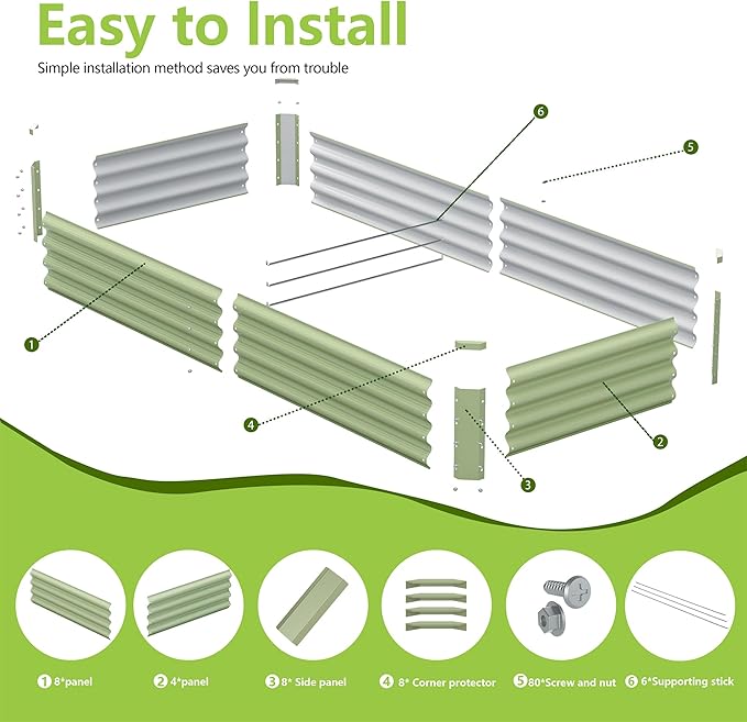 2PCS 8x2x1FT Galvanized Raised Garden Bed, Galvanized Planter Raised Garden Boxes Outdoor, Large Metal Raised Garden Beds for Vegetables-Green