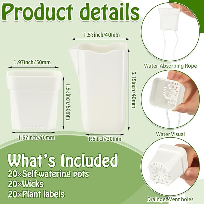 LemonRoad 20 Pack 2" Small Self Watering Pots for Indoor Plants with 20 Plant Label Mini White Plastic Planters with Water Level and Drainage Holes for Propagation, Succulents, and African Violet