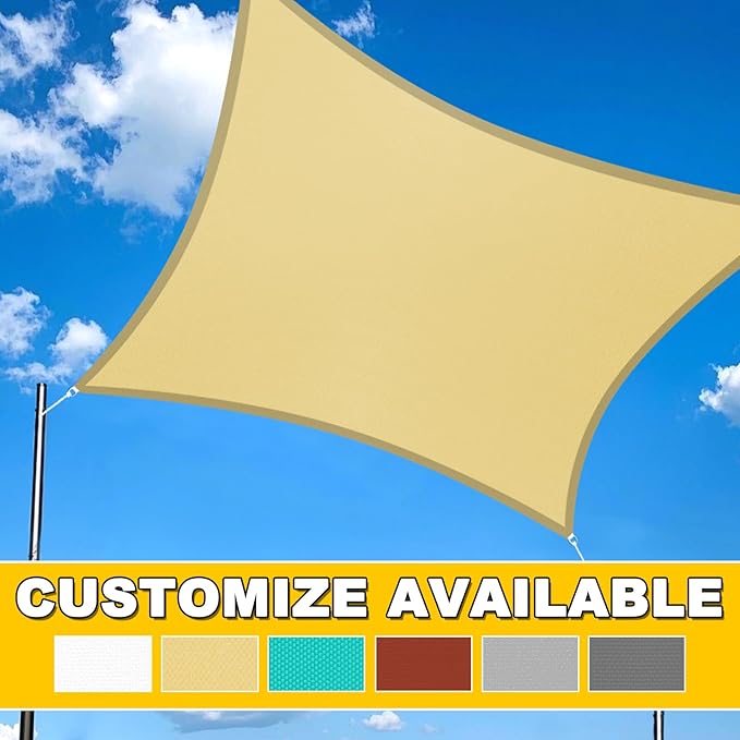 Artpuch Waterproof Sun Shade Sail, 10'x10' Cream Rectangular, UV Resistant Rain Canopy, Curved Edges Shade Cloth for Outdoor Patio, Deck, Yard (Customizable)