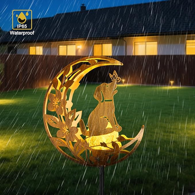 Lights Outdoor Decor Dog - Moon & Bird SolaGardenLights Waterproof, Auto On/Off Pathway Lighting for Yard/Lawn/Patio, Handcrafted Metal Solar-Stake-Lights for Outside Decorations