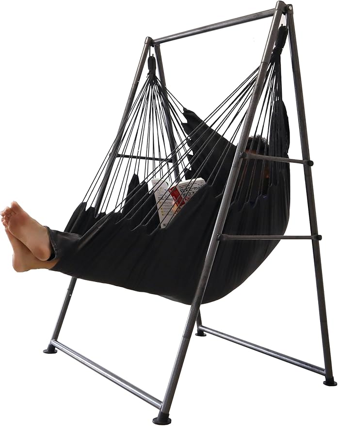 Hammock Chair Stand with X-Large Swing Chair with Footrest，Anti-Tip Thickened Weather-Resistant Iron Pipe Swing Frame, 450Lbs Stand Capacity Quick Assembly for Indoor Outdoor (Dark Grey)