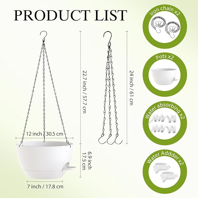 12 Inch Hanging Baskets 2 PC with Chains, Self-Watering Hanging Planters for Indoor Outdoor Plants, Plastic Hanging Flower Pots,White