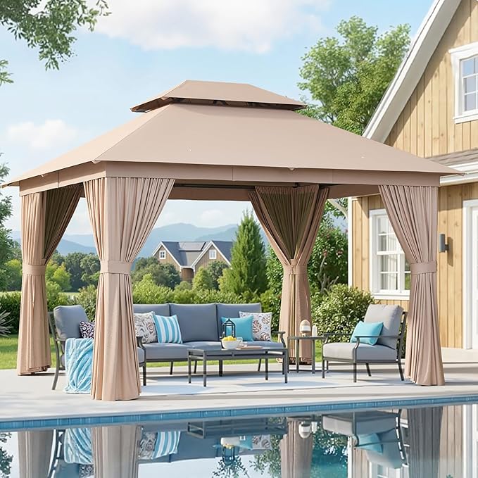 Aoxun Outdoor Gazebo for Patio 10x12 Metal Frame Canopy with Double Roofs Heavy Duty Party Tent and Shelter with Mosquito Netting and Privacy Screen for Backyard, Lawn, Garden, Deck (Khaki)