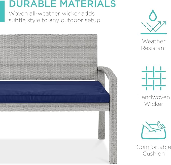 Best Choice Products Outdoor Bench 2-Person Wicker Garden Patio Benches Seating Furniture for Backyard, Porch w/Seat Cushion, 700lb Capacity - Gray/Navy