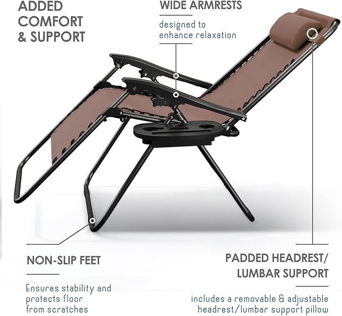 Nestl Zero Gravity Chairs Set of 4, Patio Lounge Chair Outdoor with Pillows & Cup Holder Trays, Adjustable Steel Mesh Reclining Camping Chair, Folding Patio Lawn Chair for Deck, Beach, Yard - Brown