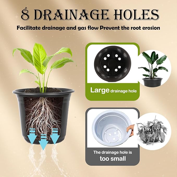 100 Packs 6 Inch Nursery Pots, 4 5 6 Inches Plastic Nursery Pots for Plants with Drainage Holes, Seed Starting Garden Pots of Flower Plant Container for Succulents, Transplanting (100, 6 Inch)
