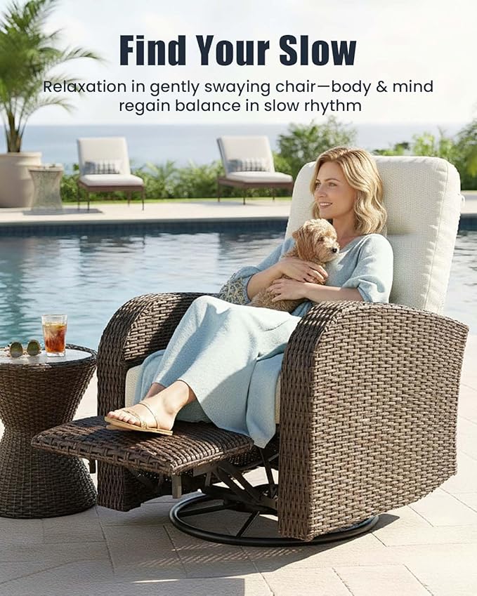 Outdoor Swivel Recliner Chair Set of 2, All-Weather Wicker Reclining Patio Chair with Adjustable Backrest and Footrest
