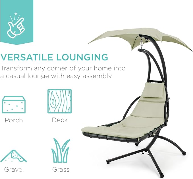 Best Choice Products Outdoor Hanging Curved Steel Chaise Lounge Chair Swing w/Built-in Pillow and Removable Canopy - Sage