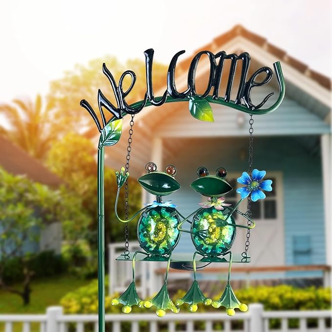 HONGLAND Solar Lights Outdoor Waterproof, Frog Swing Garden Decor, Frog Decorative Stake with Welcome Sign Landscape Patio Yard Gifts for Women Mom (48 inch)