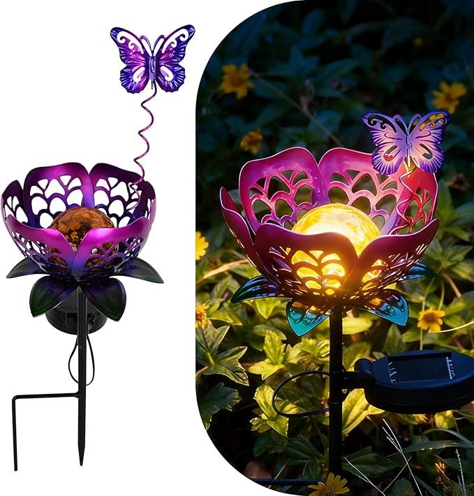 Solar Lights Outdoor Garden Decor,LED Lotus Flower Lamp, Metal Tulip & Butterfly Decoration Solar Lawn Lamp for Courtyard, Garden Gifts for Women (Purple)