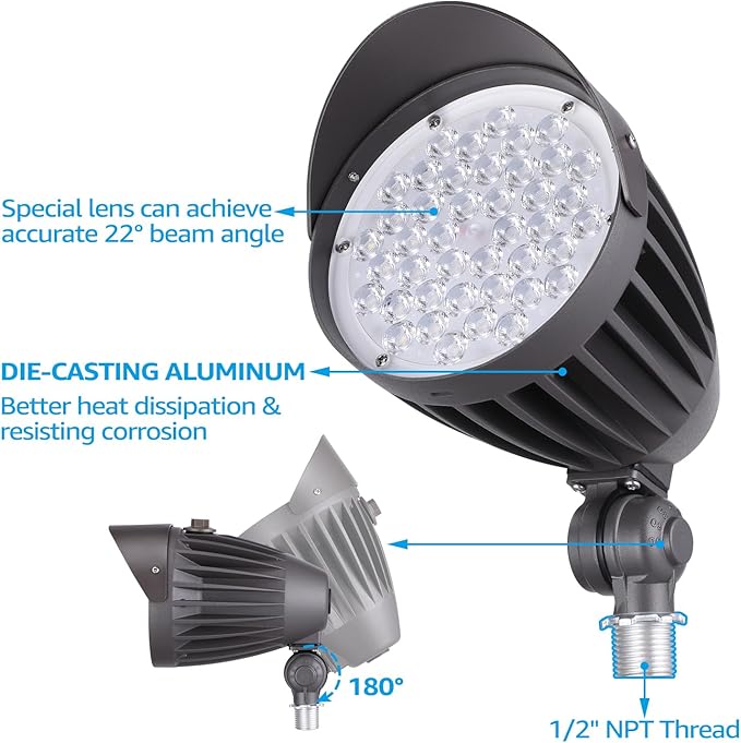 LEONLITE 20W/30W/40W 3CCT LED Bullet Flood Light, 4880LM 3000K/4000K/5000K, Dusk to Dawn 22°Focused Flag Pole Light with Knuckle Mount, Weatherproof, 100-277V Commercial Landscape Lights, ETL Listed