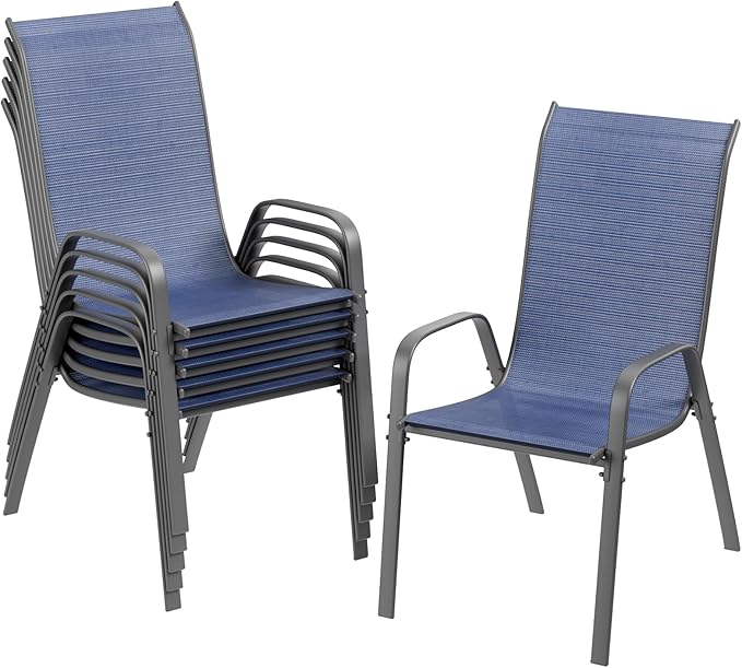 TLSUNNY Patio Chairs, Stackable Textilene Outdoor Dining Furniture for All Weather, with 17.7″ Wide Seat & Metal Frame, for Garden, Backyard, Deck, Restaurant, Poolside (6, Navy Blue, 26.4″)