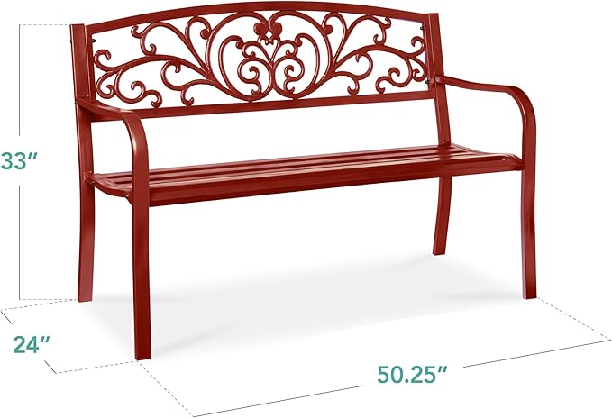Best Choice Products Outdoor Bench Steel Garden Patio Porch Furniture for Lawn, Park, Deck w/Floral Design Backrest, Slatted Seat - Rust