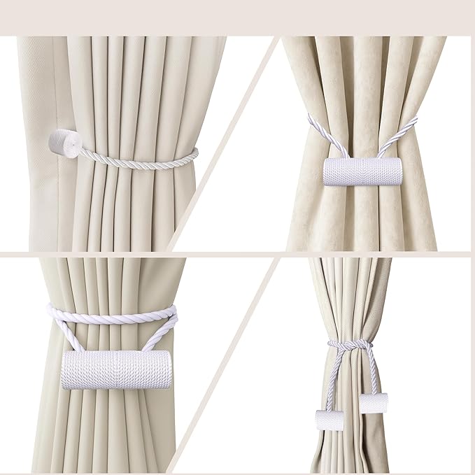 Hion Magnetic Curtain Tiebacks White 4 Pack, Curtain Tiebacks Buckles Holdbacks Holders Hooks Clip for Home Bedroom Office