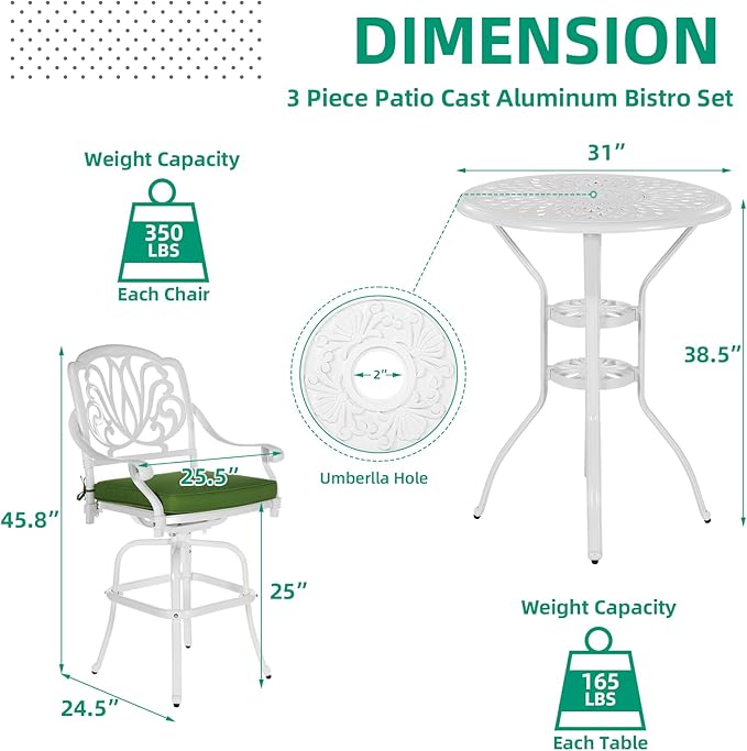 VIVIJASON 3-Piece Patio Swivel Bar Stools Set, All Weather Cast Aluminum Outdoor Bar Height Bistro Set with 2 Cushioned Bar Chairs & 31" High Bar Table w/Umbrella Hole for Backyard, Lawn, White