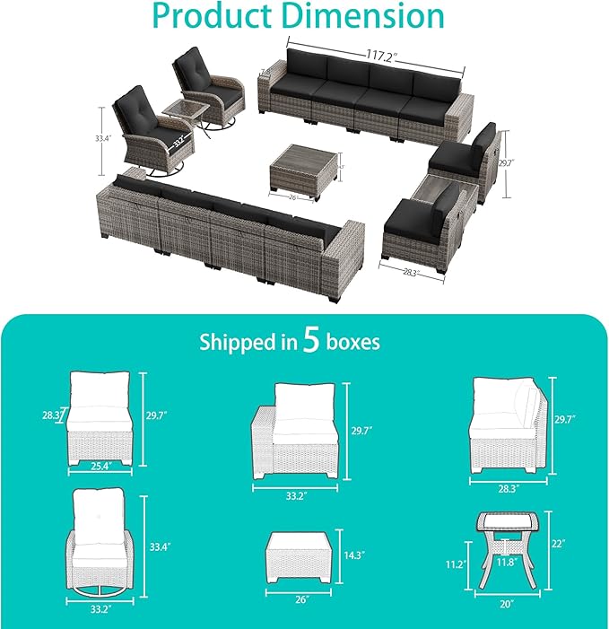 15-Piece Outdoor Patio Furniture Set with Rocking Swivel Chair Wicker Sectional Sofa Set, Patio Conversation Set with Thickened Cushions & Coffee Table for Garden, Backyard, Dark Grey