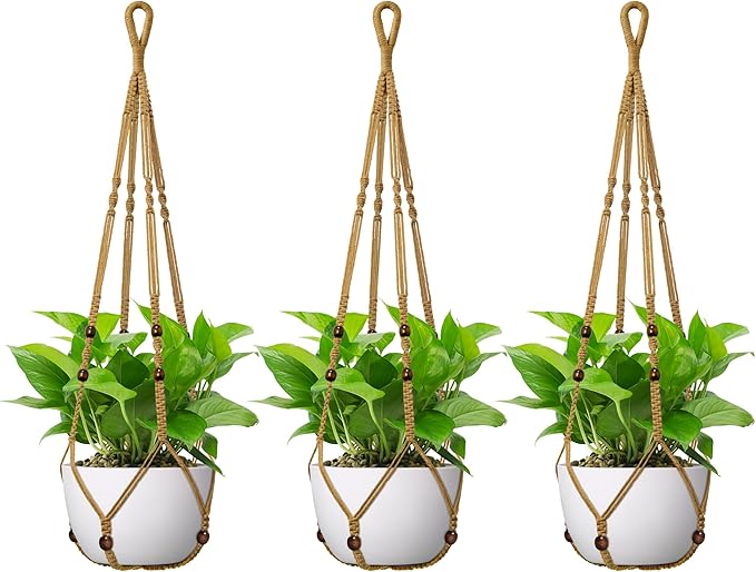 USLAI Macrame Plant Hanger Indoor Outdoor, Fits 4 to 15 Inch Pots, Strong Hanging Planter Holder, Boho Home Decor, 35 Inch, Brown, Set of 3 (POTS NOT Included)