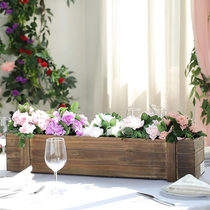 Efavormart 30"x6" Smoked Brown Wood Planter Box with Plastic Liner, DIY Rustic Rectangle Wooden Box for Succulents, Wedding Table Centerpieces and Farmhouse Decorations