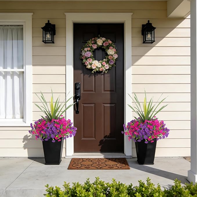 Artificial Flowers for Outdoors Fake Plants Outside, 12 Bundles Silk Morning Glory with Eucalyptus + Orchid Leaf UV Resistant Realistic Faux Flowers for Porch Planter Garden Patio (Purple Fuchsia)