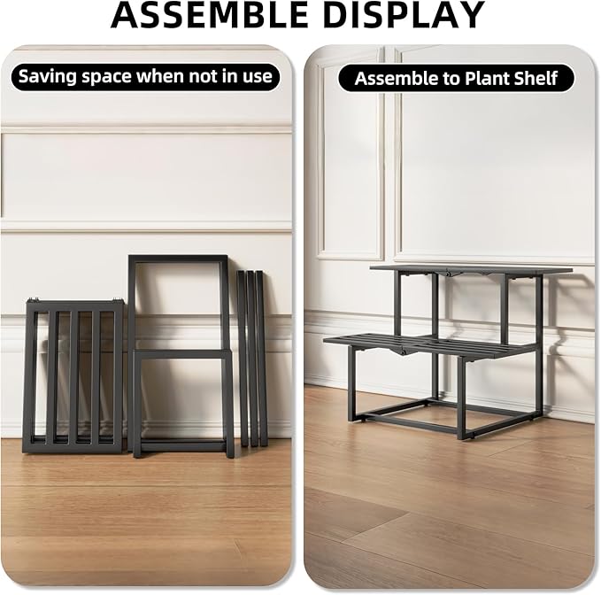 Metal Plant Stand, Foldable Heavy Duty Indoor, Window Iron Plant Shelf - Mid Century Modern Slatted Display for Patio,Garden, Living Room Load Bearing 330 lbs 26" L x 20.2" H x 17.7" W2 Tier Black