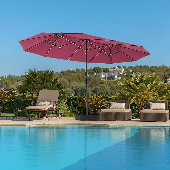DUMOS 15FT Large Patio Umbrella with Base Included, Heavy Duty Extra Wide Outside Umbrella with 12 Ribbed Bars, Rectangle Outdoor Table Umbrella for Patio, Backyard, Pool, Deck & Garden, Red