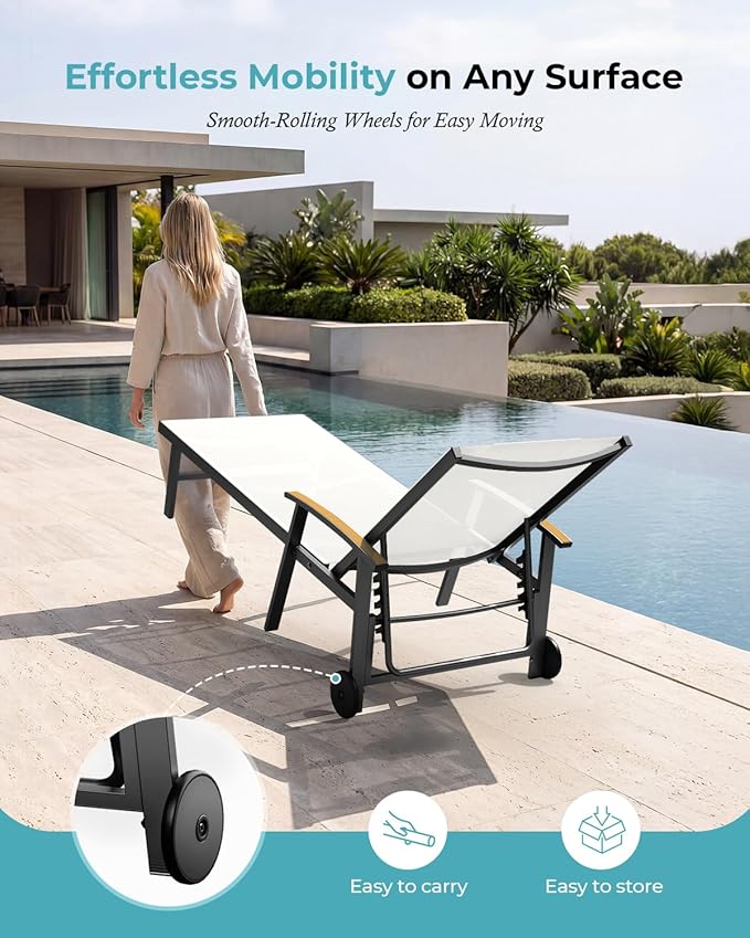 Ciokea Outdoor Lounge Chair with Pillow Set of 4, 5-Position Chaise Lounge with Wheels & Armrests, 400 lbs Heavy Duty Aluminum Pool Lounge Chairs, for Beach, Deck, Poolside & Backyard, White