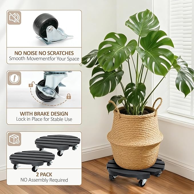 2 Pack Plant Stand with Wheels, Plant Caddies with 360° Lockable Smooth Sliding Wheels Durable Sturdy, Outdoor/Indoor Heavy Duty Rolling Plant Stand for Plant Pot,Flower Pot (11" Black)