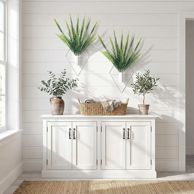 2 Pieces Wall Decor Hanging Planters with Artificial Plants Metal Hanging Vase Indoor Plants Holder Modern Boho Wall Art for Bathroom Bedroom Living Room Decor(White,Boston Fern)