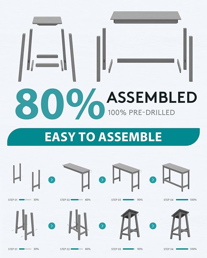 SERWALL 3-Piece Outdoor Bar Set, Rectangular All Weather HDPE Bar Height Patio Set, Outdoor High Top Table and Stools for for Outside, Poolside, Backyard, Garden, Grey
