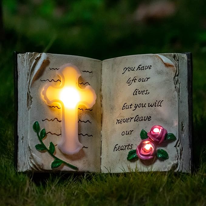 Outdoor Solar Memorial Cross Stakes Lights, Waterproof Book Statue Grave Decorations Sympathy Gifts for Cemetery Garden Lawn Yard Patio Home Decor