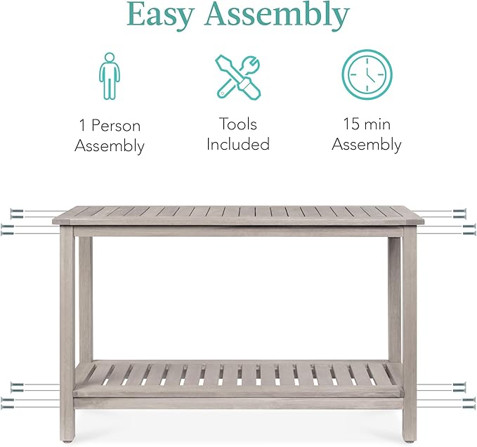 Best Choice Products 48in 2-Shelf Eucalyptus Wooden Console Table Indoor Outdoor Multifunctional Buffet Bar Storage Organizer w/Foot Sliders - Gray